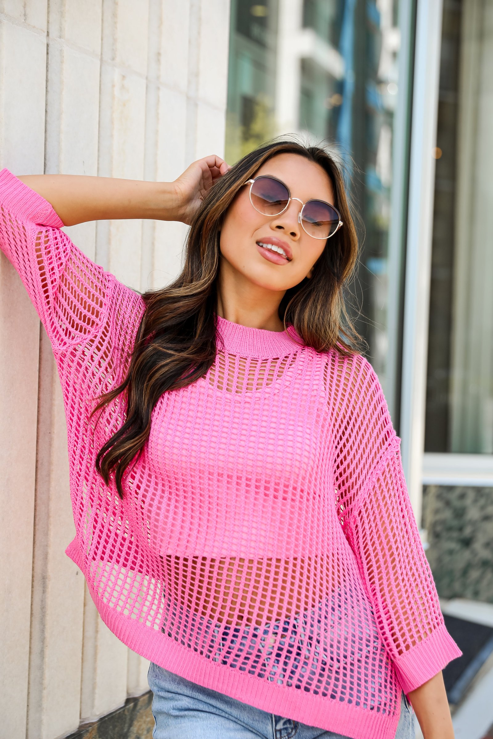 Oh So Sunny Pink Crochet Open Knit Top